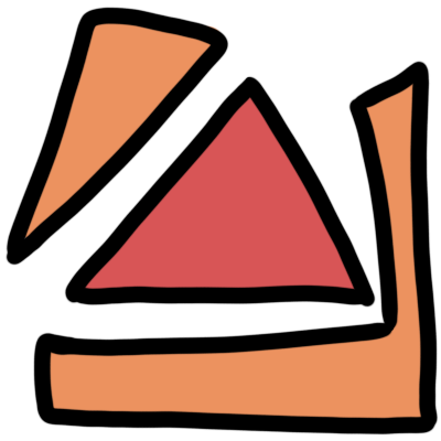 a red triangle. there is a diagonal orange wedge on the top-left side of it, and an orange shape bracketing the bottom-right corner.